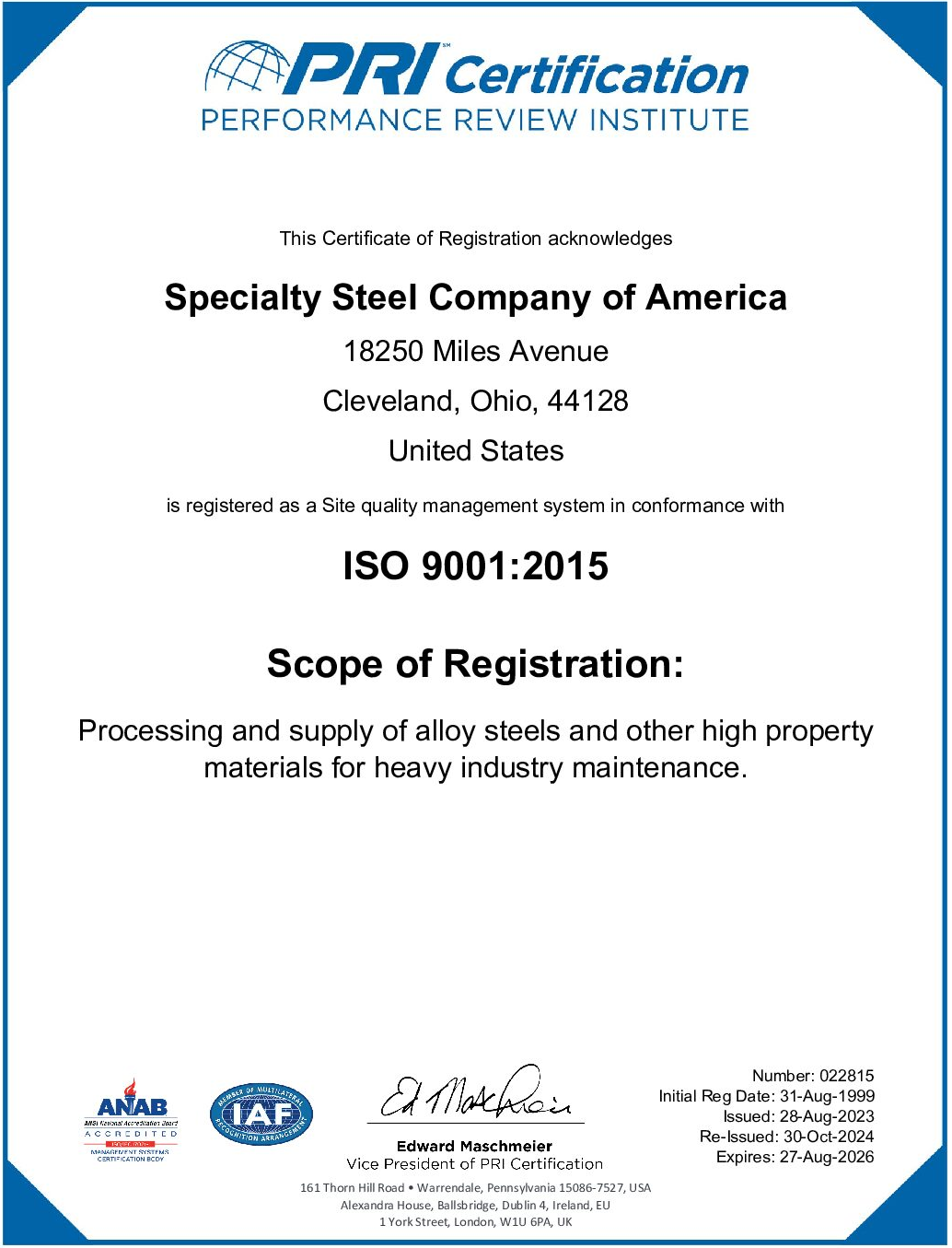 Speciality Steel ISO Cert 2025